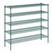 A green metal wire shelving unit with four shelves.