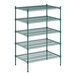 A green metal wire shelving unit with five shelves.