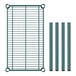 A green metal grid with four green cylindrical rods.