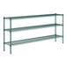 A green metal wire shelving unit with three shelves.
