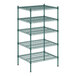 A green Regency wire shelving unit with five shelves.