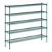 A green metal wire shelving unit with five shelves.