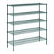 A green metal wire shelving unit with four shelves.