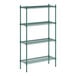 A green metal wire shelving unit with four shelves.