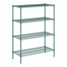 A green metal Regency wire shelving unit with four shelves.