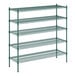 A green metal wire shelving unit with four shelves.