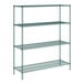 A green metal wire shelving unit with four shelves.