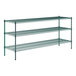 A green metal wire shelving unit with three shelves.