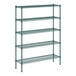 A green metal wire shelving unit with 5 shelves and poles.