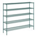 A green metal Regency wire shelving unit with five shelves.