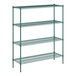 A green metal wire shelving unit with four shelves.