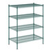 A green metal wire shelving unit with four shelves.