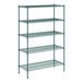 A green metal wire shelving unit with five shelves.