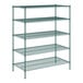 A green metal wire shelving unit with five shelves.