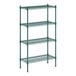 A green Regency wire shelving unit with four shelves.