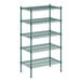 A green metal wire shelving unit with four shelves.