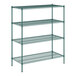 A Regency green wire shelving unit with four shelves.