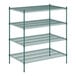 A green wire shelving unit with four shelves.