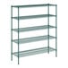 A green metal Regency wire shelving unit with five shelves.