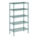 A green Regency wire shelving unit with five shelves.