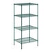 A green Regency wire shelving unit with four shelves.