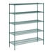 A green metal Regency wire shelving unit with 5 shelves.