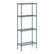 A green metal wire shelving unit with four shelves.