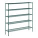 A green metal wire shelving unit with five shelves.