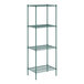 A green wire shelving unit with four shelves.