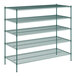 A green metal rack with five shelves.