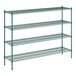 A green metal wire shelving unit with four shelves.