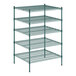 A green metal wire shelving unit with five shelves.