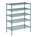 A green metal Regency wire shelving unit with five shelves.