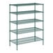 A green metal wire shelving unit with five shelves.