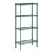 A green wire shelving unit with four shelves.