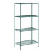 A green metal wire shelving unit with four shelves.