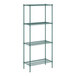 A green wire shelving unit with four shelves.