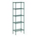 A green metal wire shelving unit with five shelves.