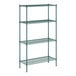 A green wire shelving unit with four shelves.