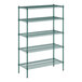 A green metal wire shelving unit with five shelves.