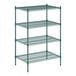 A green wire shelving unit with four shelves.