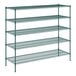 A green metal Regency wire shelving unit with four shelves.