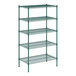 A green metal wire shelving unit with five shelves.