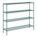 A green metal Regency wire shelving unit with four shelves.