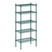 A green metal wire shelving unit with five shelves.