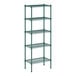 A green wire shelving unit with five shelves.