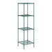 A green wire shelving unit with four shelves.