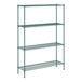 A green wire shelving unit with four shelves.