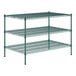 A green wire shelving unit with three shelves.