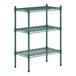 A green metal wire shelving unit with three shelves.